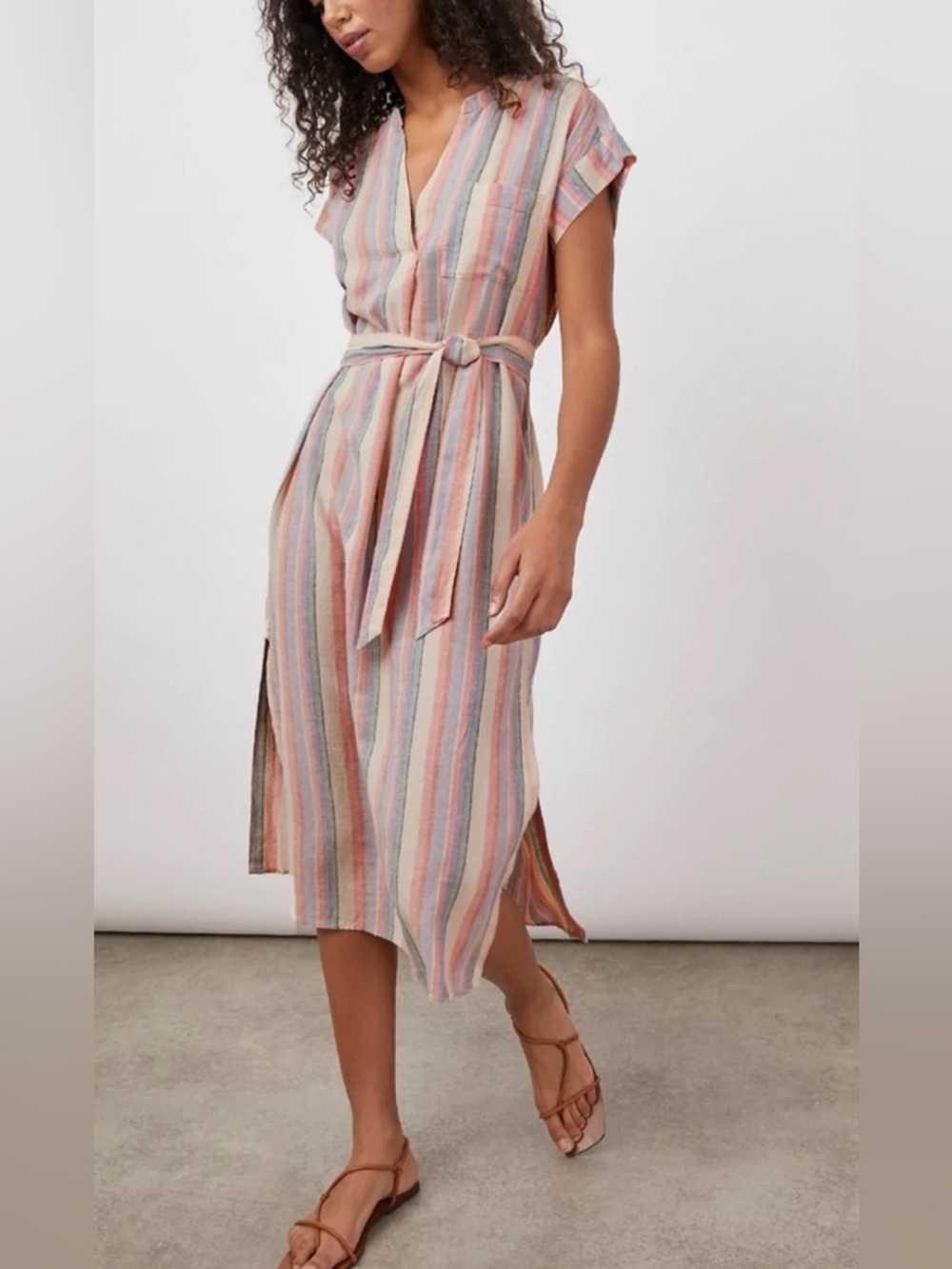 RAILS Bora Striped Belted Midi Dress - Pink Multi Size Medium NEW